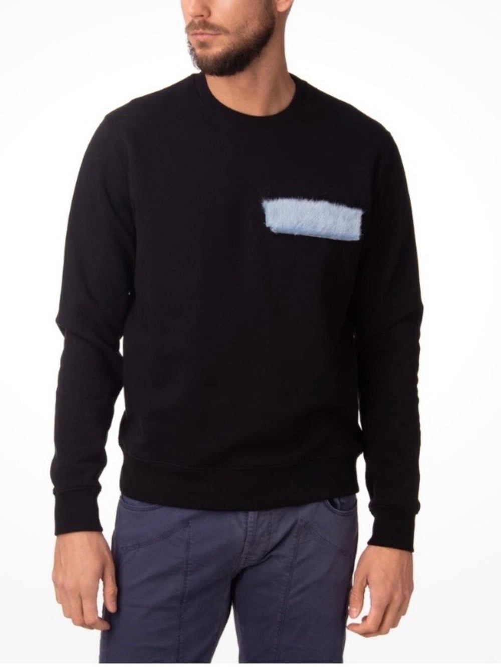 MSGM Milano Black Crewneck Sweater with Light Blue Patch